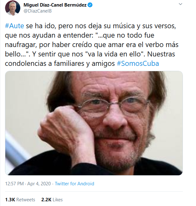 Lamenta Díaz-Canel fallecimiento de Luis Eduardo Aute